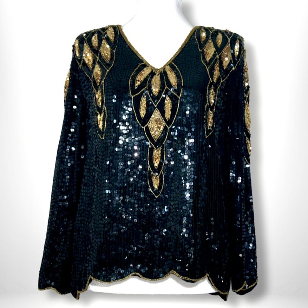 Petite Illustrations Black and Gold Sequin Silk Blouse